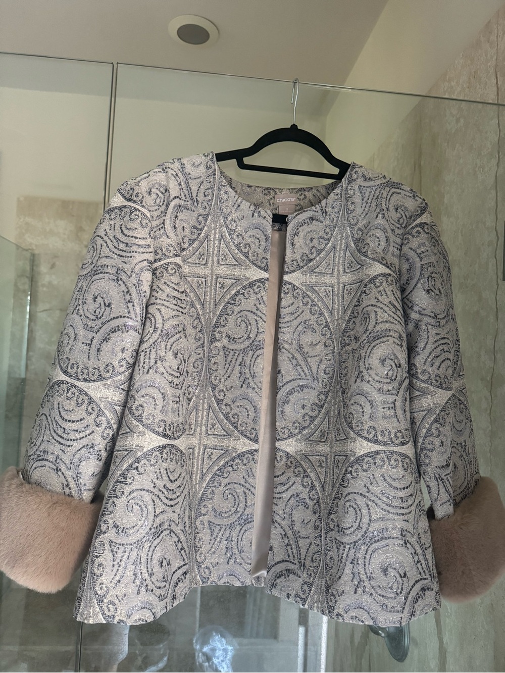 Chico's Silver Metallic Patterned Jacket with Beige Fur Cuffs